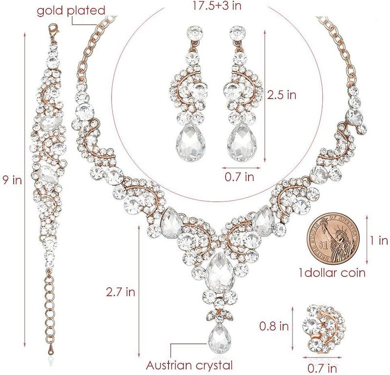 CSY Elegant Crystal Necklace Earrings Bracelet Ring Bridal Wedding Party Costume Jewelry Sets for Brides Women - Image 2