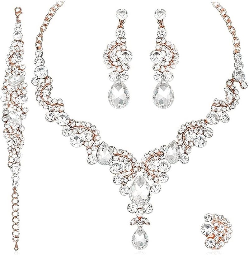 CSY Elegant Crystal Necklace Earrings Bracelet Ring Bridal Wedding Party Costume Jewelry Sets for Brides Women - Image 1
