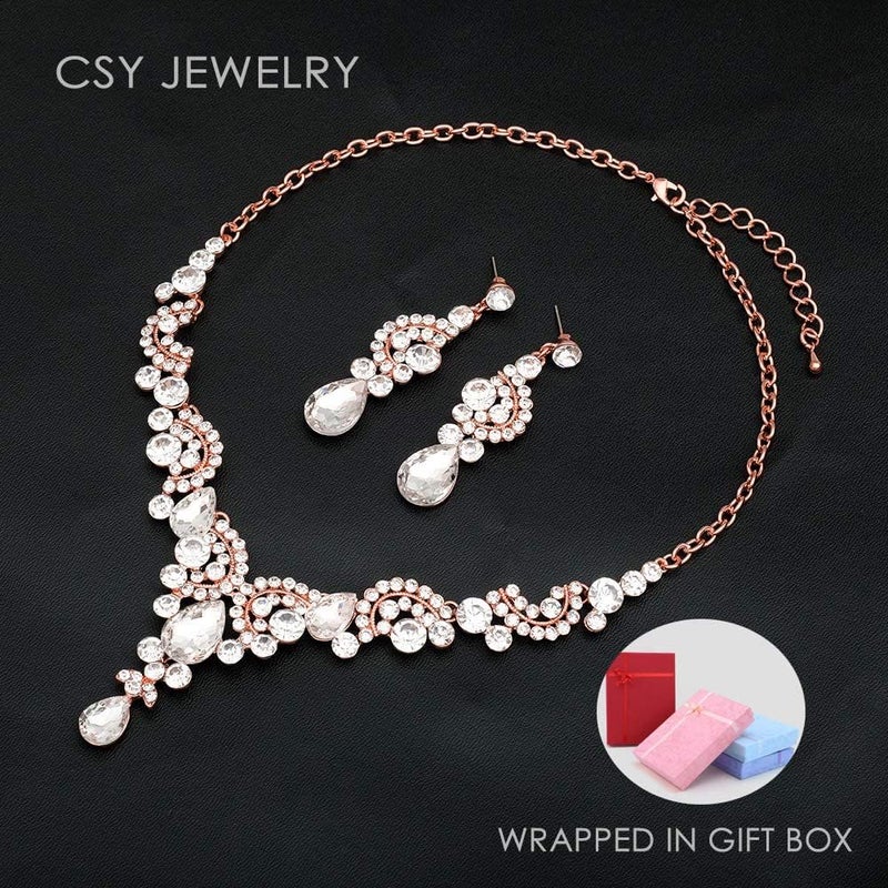 CSY Elegant Crystal Necklace Earrings Bracelet Ring Bridal Wedding Party Costume Jewelry Sets for Brides Women - Image 4