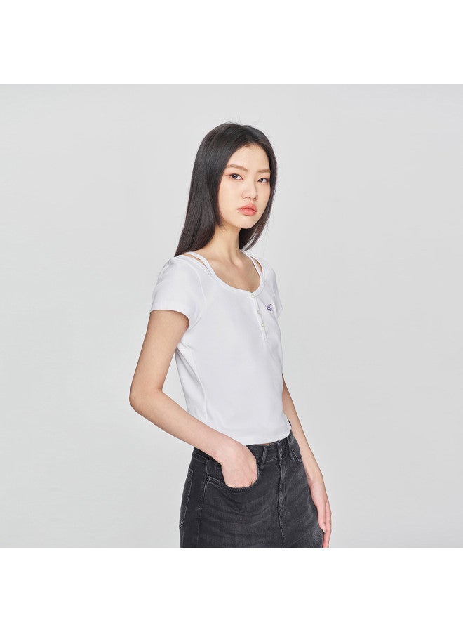 LEE 25 Early Spring New Product Slim Fit Round Neck Embroidered Logo Women'S Short Sleeve T-Shirt Trendy - Image 5