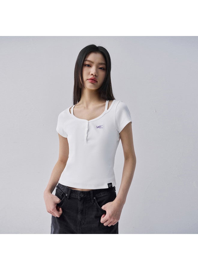 LEE 25 Early Spring New Product Slim Fit Round Neck Embroidered Logo Women'S Short Sleeve T-Shirt Trendy - Image 2