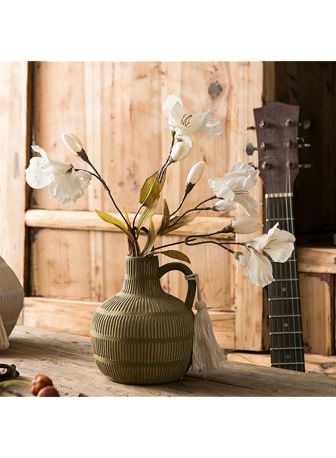 إيروريكس مزهرية سيراميك ريفية للديكور المنزلي مزهريات زخرفية ريفية للزهور مزهرية من الطين مع تصميم شرابة مزهرية من الطين لتزيين غرفة المعيشة رف طاولة رف كتب مدفأة مدخل - Image 4