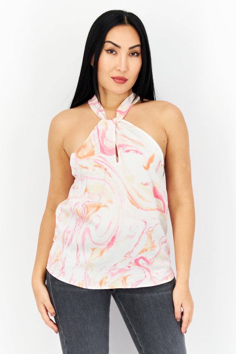 Aqua Women Halter Neck Sleeveless Printed Top, Pink - Image 1