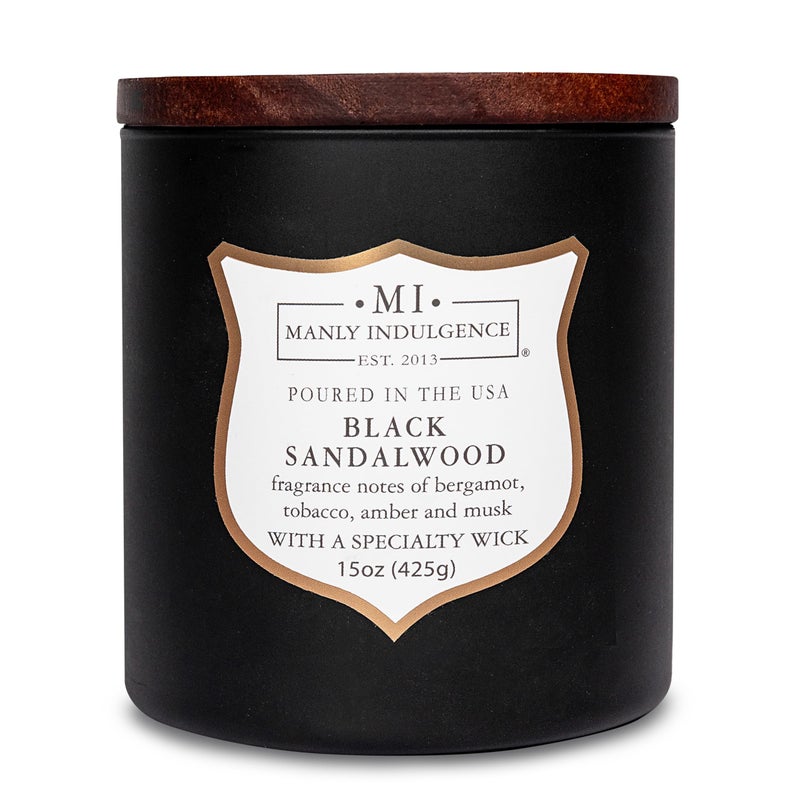 Manly Indulgence Black Sandalwood Scented Candle for Men 15 oz  Bergamot Tobacco Amber  Musk  Wood Wick  Up to 60 Hours Burn  Soy Blend Wax USA Poured  Signature Collection