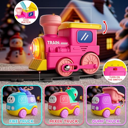 Funwee Steam Track Train Set for Toddlers Magnetic Connection Train Toys wLights Sounds Electric Cartoon Choo Choo Train Toy Train Christmas Birthday Gift for Toddlers 2 3 4 5 Boy Girl Pink - Image 5