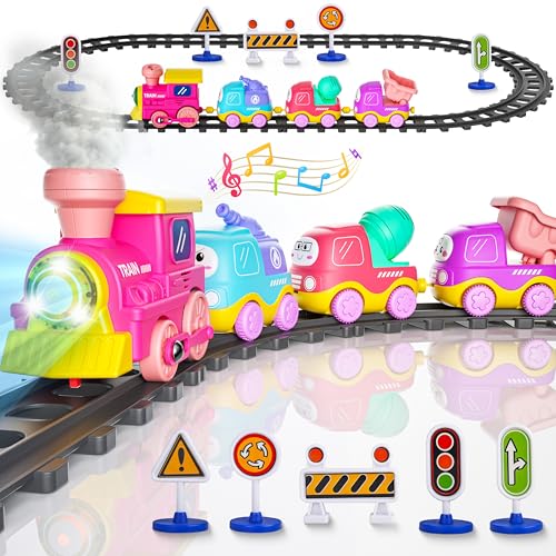 Funwee Steam Track Train Set for Toddlers Magnetic Connection Train Toys wLights Sounds Electric Cartoon Choo Choo Train Toy Train Christmas Birthday Gift for Toddlers 2 3 4 5 Boy Girl Pink - Image 1