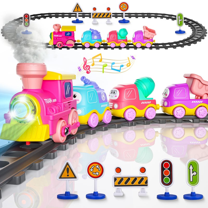 Funwee Steam Track Train Set for Toddlers Magnetic Connection Train Toys wLights Sounds Electric Cartoon Choo Choo Train Toy Train Christmas Birthday Gift for Toddlers 2 3 4 5 Boy Girl Pink - Image 3