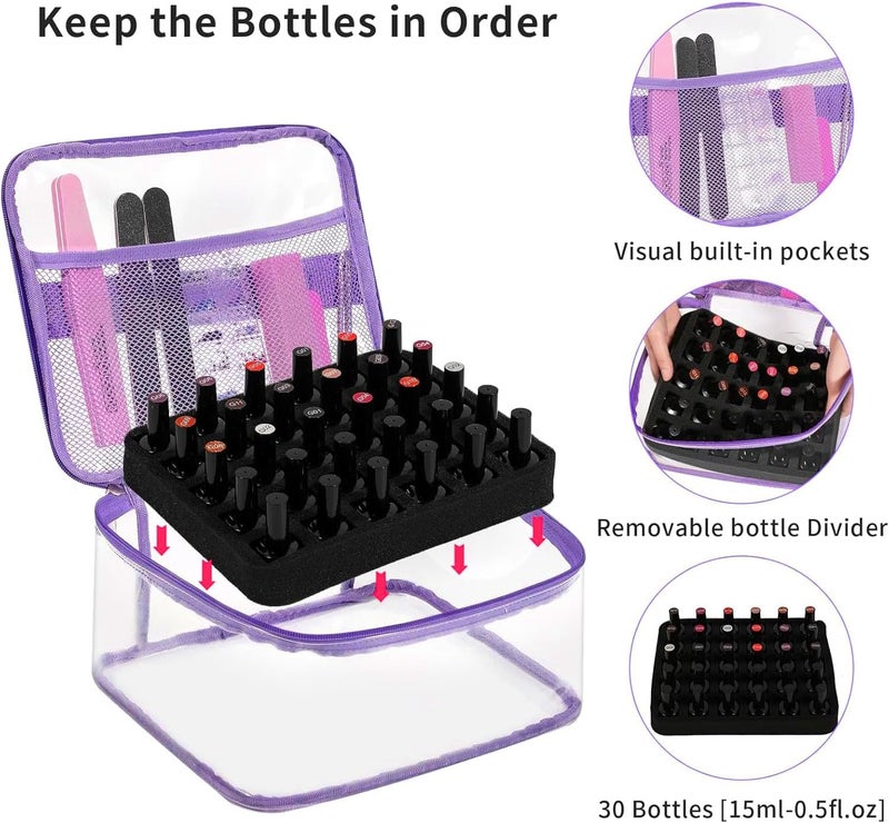 BELOVING Nail Polish Organizer Bag Holds 30 Bottles (15ml/0.5 fl.oz) Portable Supplies Organizer Handbag for Manicure Tools, Portable Nail Supplies Kit Organizer Carrying Case (Purple) - Image 4