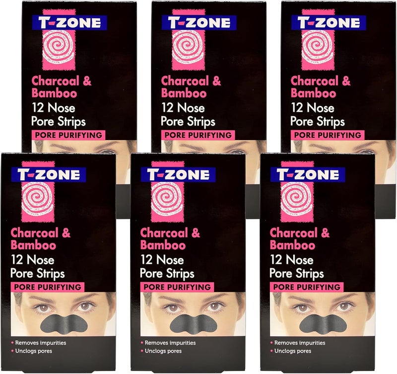 TZone 6 x 12 Multipack of Pack Charcoal Bamboo Purifying Nose Pore Strips Specially Formulated to Unclog Pores Remove Impurities For Brighter Clearer Skin