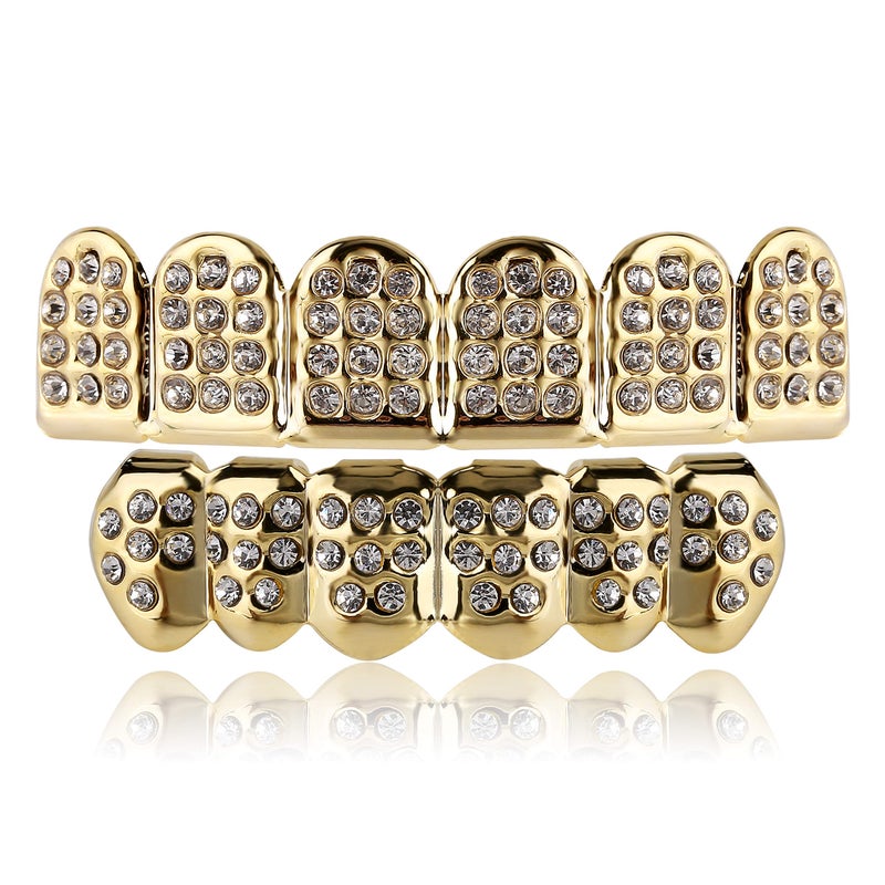 TOPGRILLZ Poker Heart Grills for Your Teeth, Grillz Teeth Men Grillz for Women, 18K Gold Plated Brass with Cubic Zirconiaï¼ŒHip-Hop Cosplay Costume Accessory(Golden 6 Fangs) - Image 1