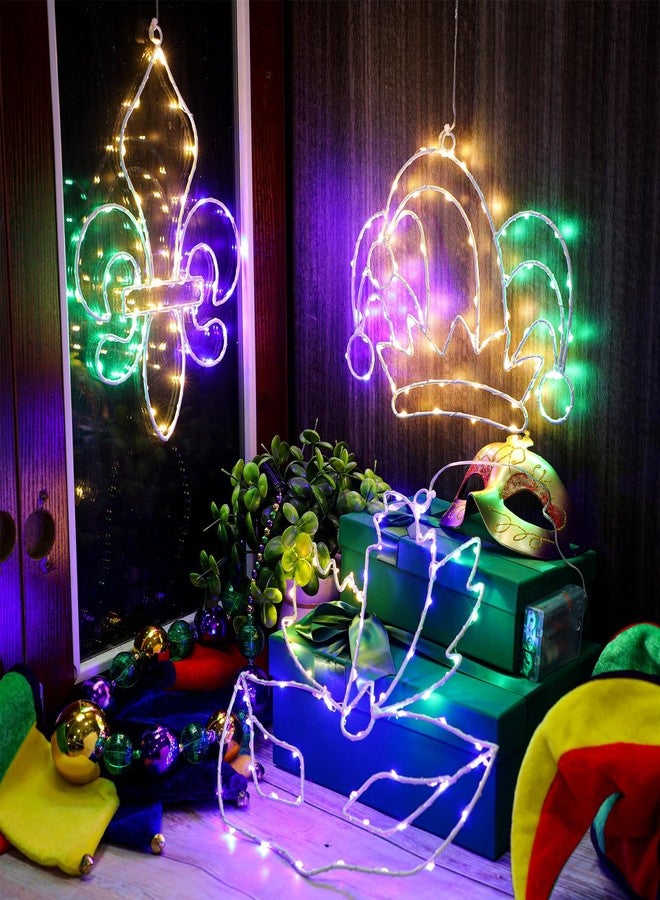 Kittmip 3 Pcs Mardi Gras Window Decorations Mardi Gras Fleur De Lis Masquerade Mask Clown Hat Hanging (No Batteries Included) - Image 2