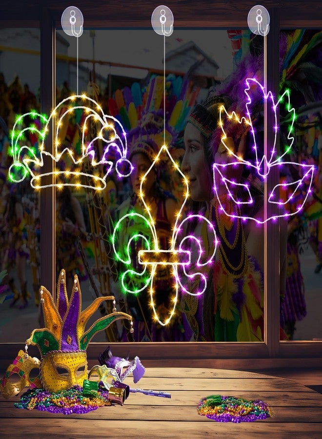 Kittmip 3 Pcs Mardi Gras Window Decorations Mardi Gras Fleur De Lis Masquerade Mask Clown Hat Hanging (No Batteries Included) - Image 1