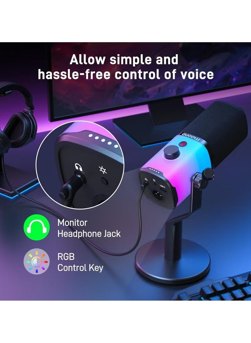 Maono PD100X RGB Dynamic Microphone with USB & XLR Connectivity, Cardioid Podcast Mic with Custom RGB Lighting, Mute Button, Headphone Monitoring, Gain Control & Desktop Stand, Professional PC Microphone for Gaming, Streaming, Recording, Voice Chat & Content Creation - Image 2