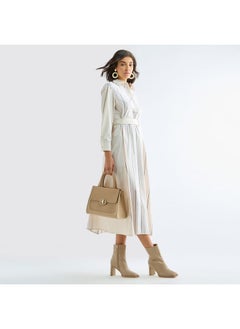 FAV Striped Midi Shirt Dress with Long Sleeves and Tie-Up Belt  - Image 2
