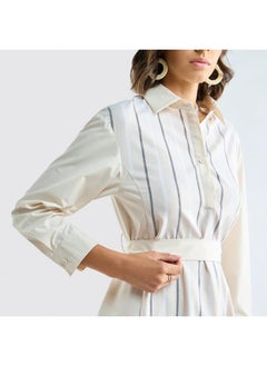 FAV Striped Midi Shirt Dress with Long Sleeves and Tie-Up Belt  - Image 4