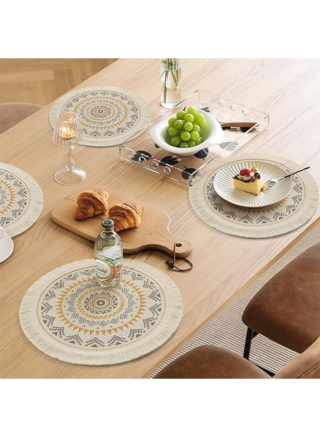 2 قطع مواد مائدة دائرية، حصائر طاولة، حصائر قطنية، حصائر قابلة للغسل مصنوعة من نسج، حصائر دائرية مقاومة للحرارة بتصميم بوهيمي مع خيوط للزينة لتزيين المنزل في المطبخ، تناول الطعام، حفلات الزفاف ومزارع - Image 3