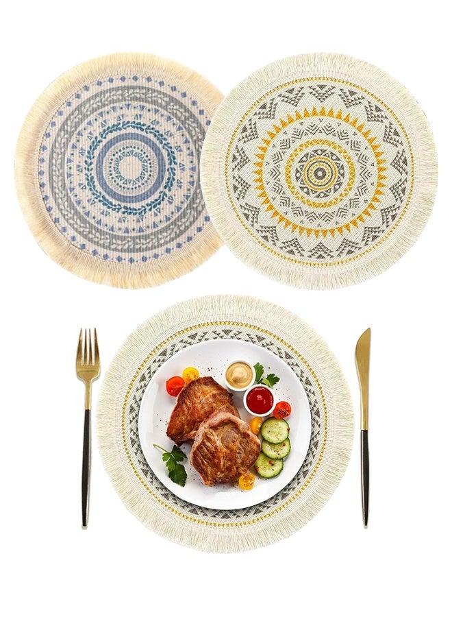 2 قطع مواد مائدة دائرية، حصائر طاولة، حصائر قطنية، حصائر قابلة للغسل مصنوعة من نسج، حصائر دائرية مقاومة للحرارة بتصميم بوهيمي مع خيوط للزينة لتزيين المنزل في المطبخ، تناول الطعام، حفلات الزفاف ومزارع - Image 1