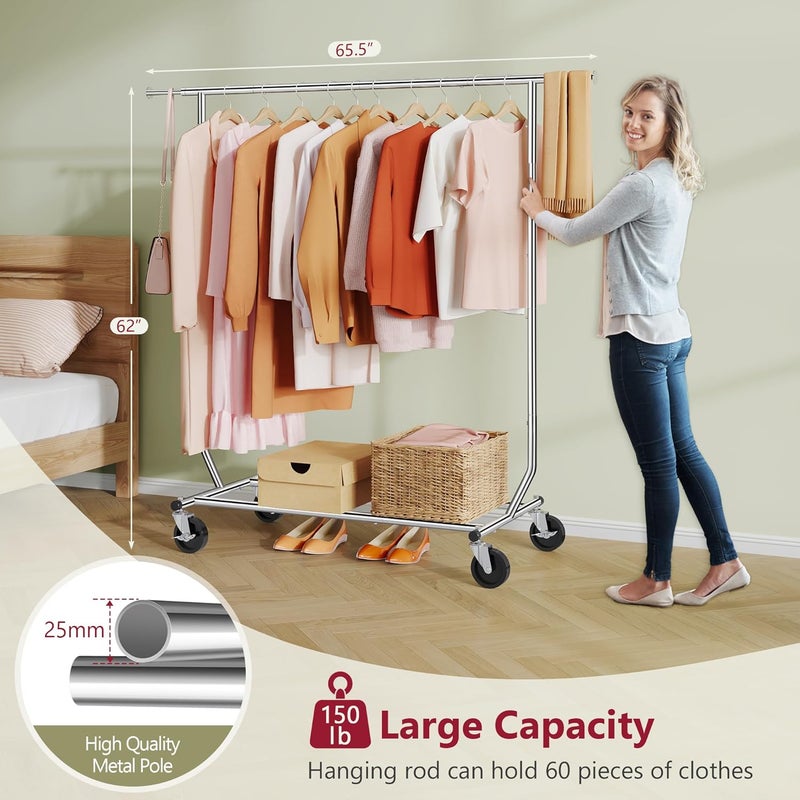Tajsoon Clothing Rack Heavy Duty Clothes Racks Foldable Garment Rack with Wheels and Extendable Rod, Collapsible Clothing Rack Max Capacity 250lbs, Industrial Rolling Racks with Bottom Shelf, Chrome - Image 5