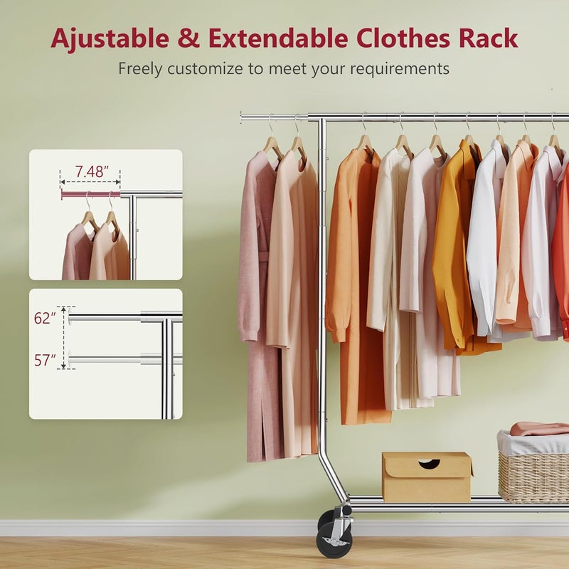 Tajsoon Clothing Rack Heavy Duty Clothes Racks Foldable Garment Rack with Wheels and Extendable Rod, Collapsible Clothing Rack Max Capacity 250lbs, Industrial Rolling Racks with Bottom Shelf, Chrome - Image 3