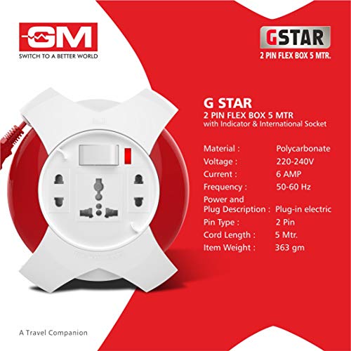 GM G‑Star 3042 – 3‑Socket 2‑Pin Extension Cord (5 m) with LED Indicator, International Sockets & Ultra‑Smooth Rotation - Image 4