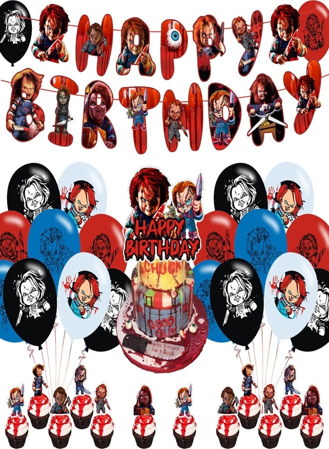 PINUO Chucky Party Decorations,Birthday Party Supplies For Horror Movie Character Chucky Party Supplies Includes Banner-Cake Topper-12 Cupcake Toppers - 20 Balloons - Image 1