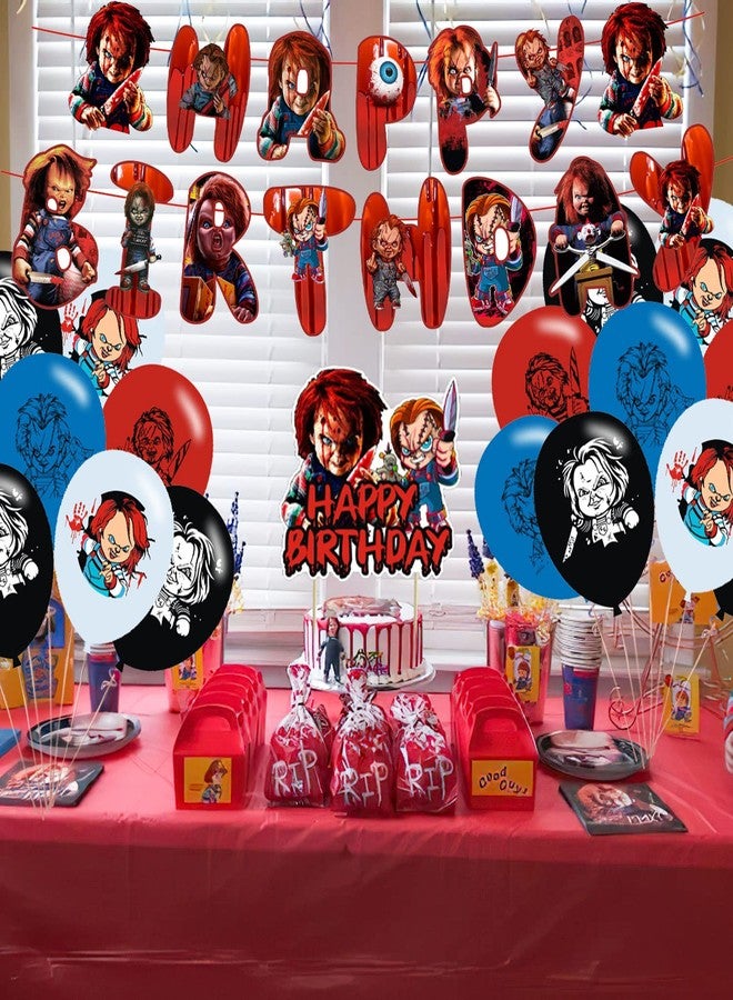 PINUO Chucky Party Decorations,Birthday Party Supplies For Horror Movie Character Chucky Party Supplies Includes Banner-Cake Topper-12 Cupcake Toppers - 20 Balloons - Image 4