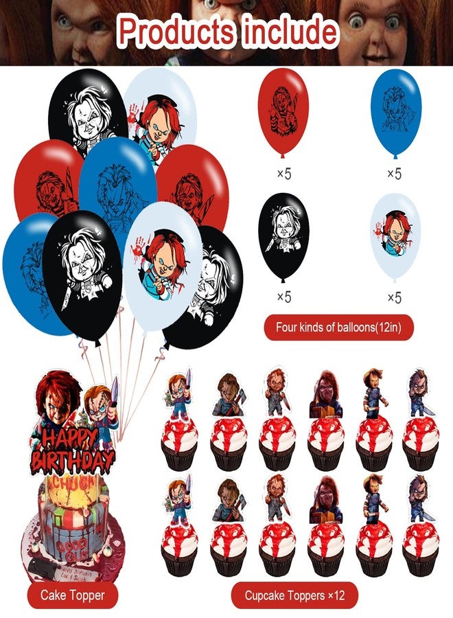 PINUO Chucky Party Decorations,Birthday Party Supplies For Horror Movie Character Chucky Party Supplies Includes Banner-Cake Topper-12 Cupcake Toppers - 20 Balloons - Image 3