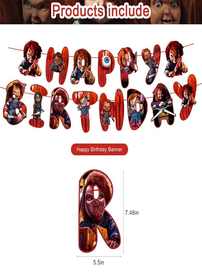PINUO Chucky Party Decorations,Birthday Party Supplies For Horror Movie Character Chucky Party Supplies Includes Banner-Cake Topper-12 Cupcake Toppers - 20 Balloons - Image 2