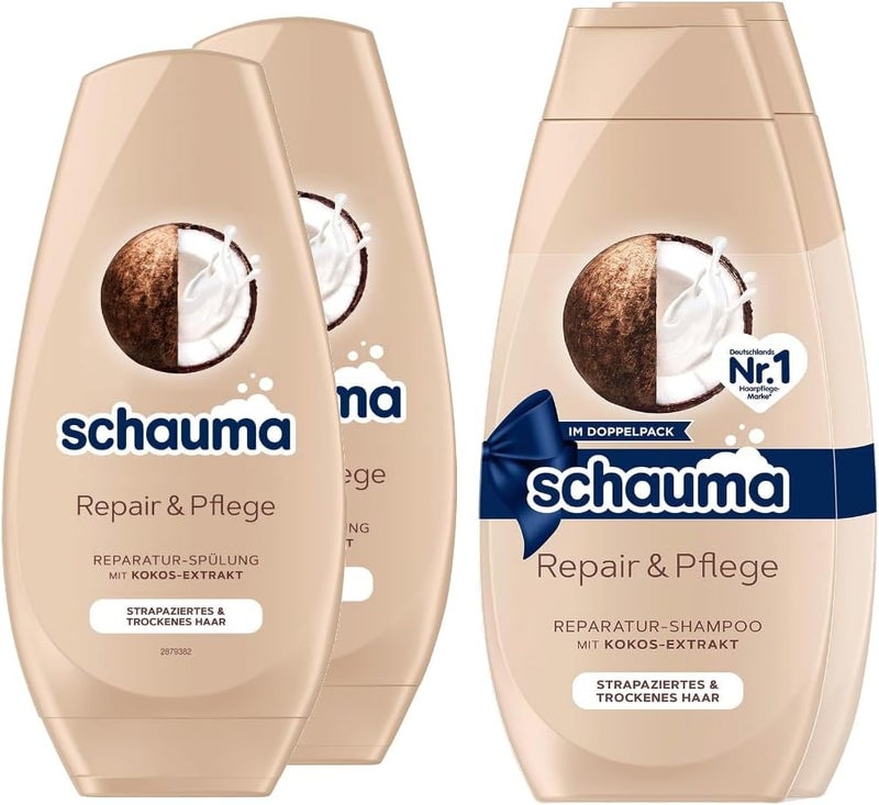 Schauma Shampoo Repair Care Pack of 2 1 x 2 x 400 ml Provides Suppleness Repair Shampoo for Damaged Dry Hair Conditioner 2 x 250 ml Hair Conditioner with Coconut Extract