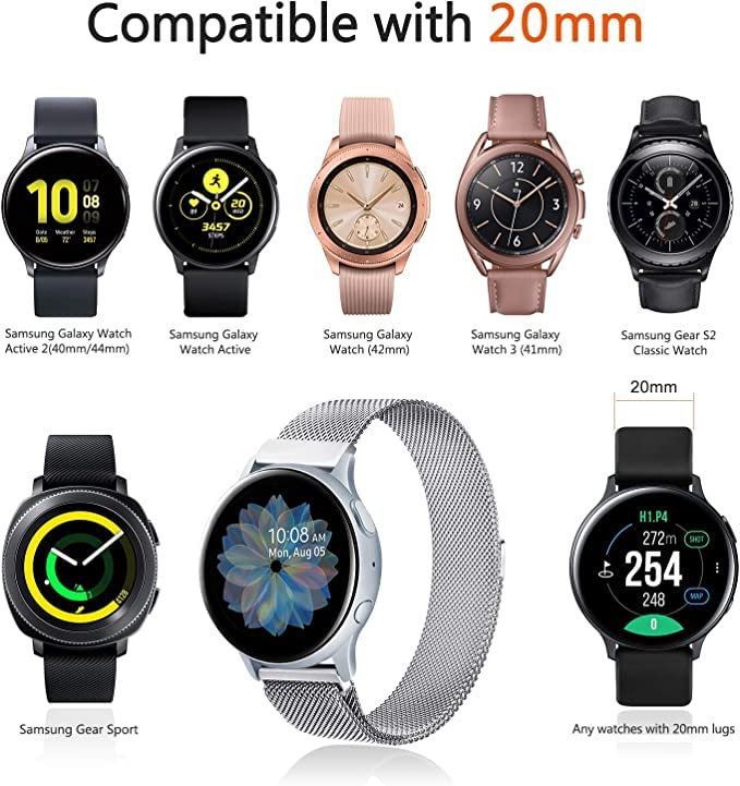 PEFKO PSS72 Milanese magnet watch strap, compatible with Amazfit GTS 2 Mini, GTS 2e, GTR; Samsung Galaxy Watch 4, 5 – 20mm, Siliver (metal strap only, watch not included) - Image 5
