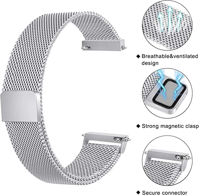 PEFKO PSS72 Milanese magnet watch strap, compatible with Amazfit GTS 2 Mini, GTS 2e, GTR; Samsung Galaxy Watch 4, 5 – 20mm, Siliver (metal strap only, watch not included) - Image 2