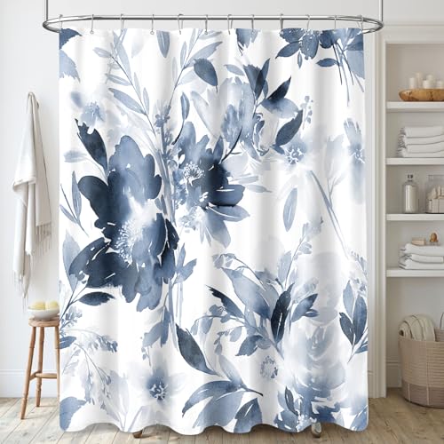 MAYZUS Navy Blue Floral Shower Curtain Spring Summer Watercolor Flower Shower Curtains for Bathroom Modern Ink Decorative Fabric Shower Curtain Set with Hooks 72x72 Blue White