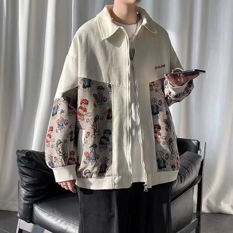 Bear Jacquard Contrasting Color Splicing Jacket for Men and Women Spring & Fall Loose Trendy Brand Mid-Length Casual Sports Jacket Baseball Uniform - Image 2