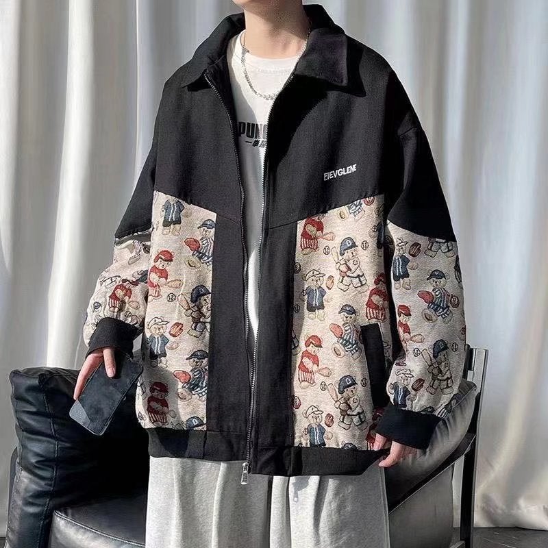 Bear Jacquard Contrasting Color Splicing Jacket for Men and Women Spring & Fall Loose Trendy Brand Mid-Length Casual Sports Jacket Baseball Uniform - Image 3