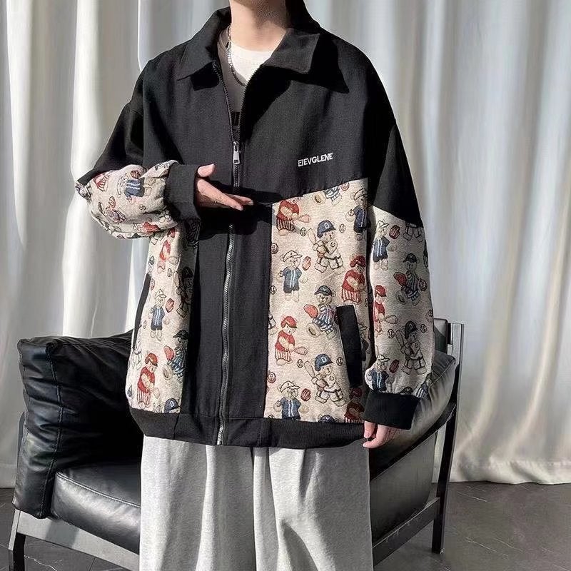 Bear Jacquard Contrasting Color Splicing Jacket for Men and Women Spring & Fall Loose Trendy Brand Mid-Length Casual Sports Jacket Baseball Uniform - Image 4