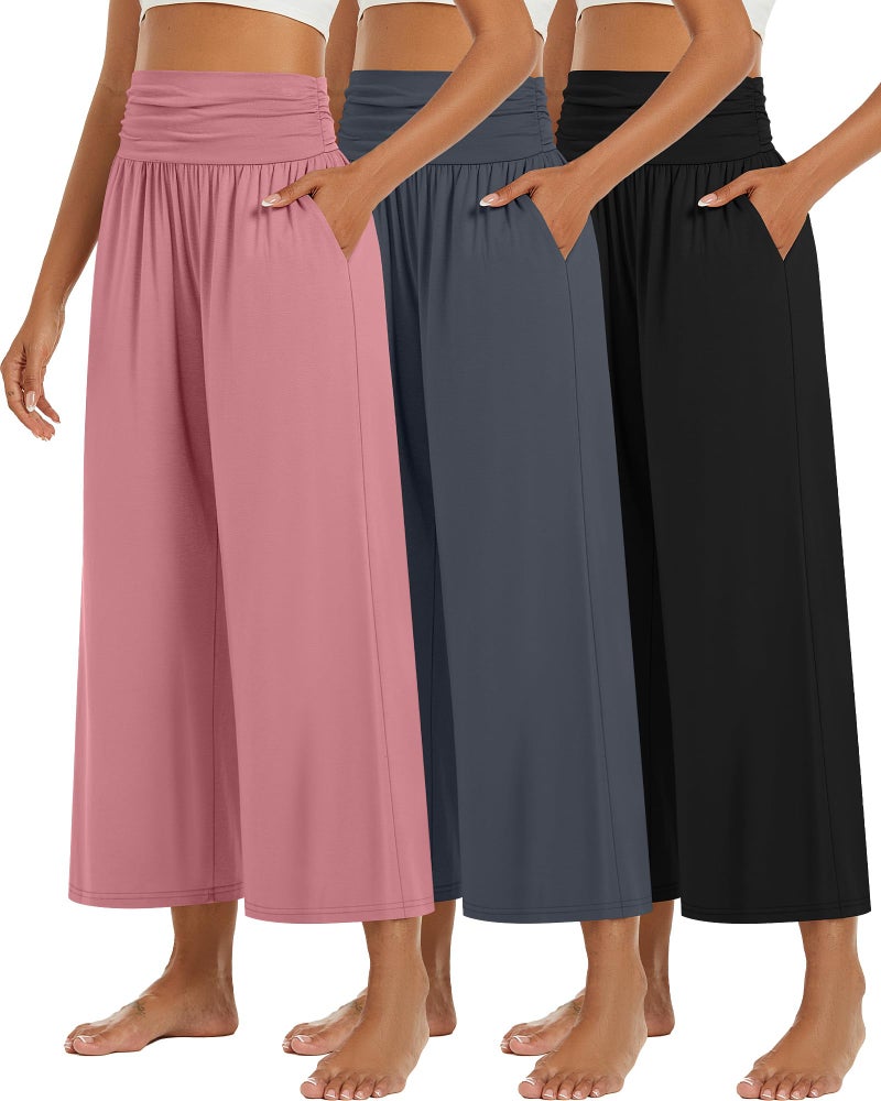 Huukeay 3 Pack Wide Leg Capri Pants for Women Cropped Palazzo High Waist Lounge Yoga Pants Flowy Casual Trouser with Pockets(Black, Charcoal Gray, Pink,XXL) - Image 1