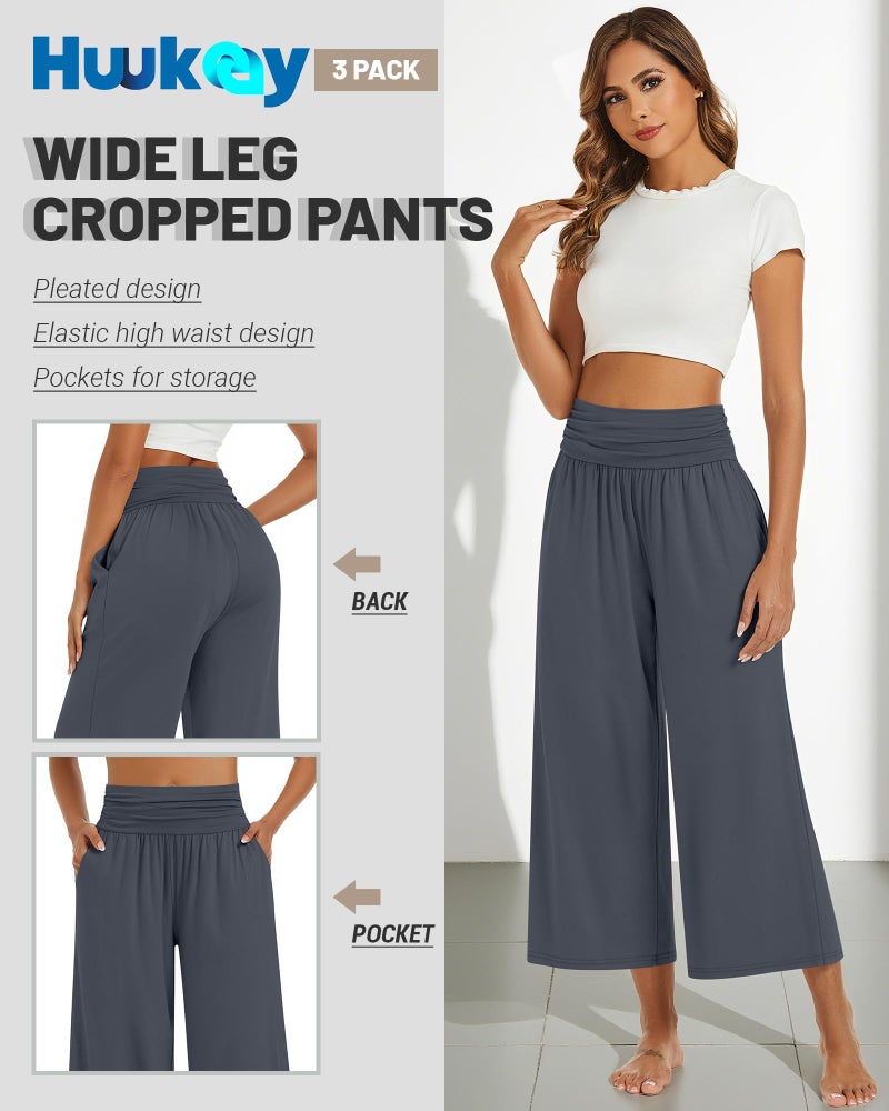 Huukeay 3 Pack Wide Leg Capri Pants for Women Cropped Palazzo High Waist Lounge Yoga Pants Flowy Casual Trouser with Pockets(Black, Charcoal Gray, Pink,XXL) - Image 3