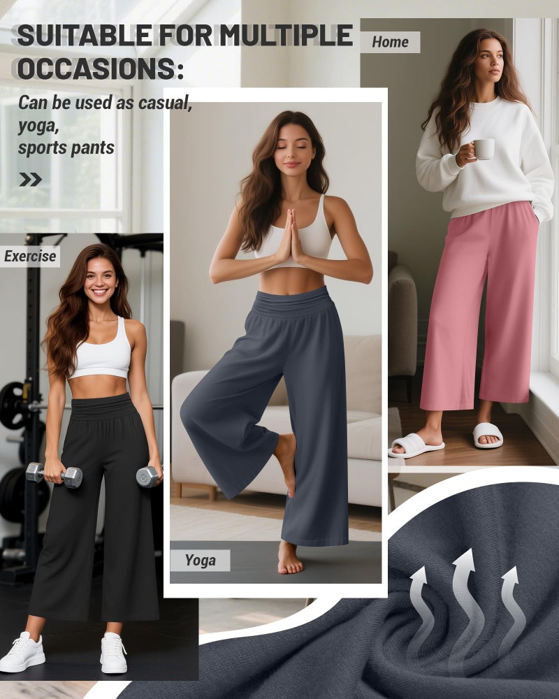 Huukeay 3 Pack Wide Leg Capri Pants for Women Cropped Palazzo High Waist Lounge Yoga Pants Flowy Casual Trouser with Pockets(Black, Charcoal Gray, Pink,XXL) - Image 2