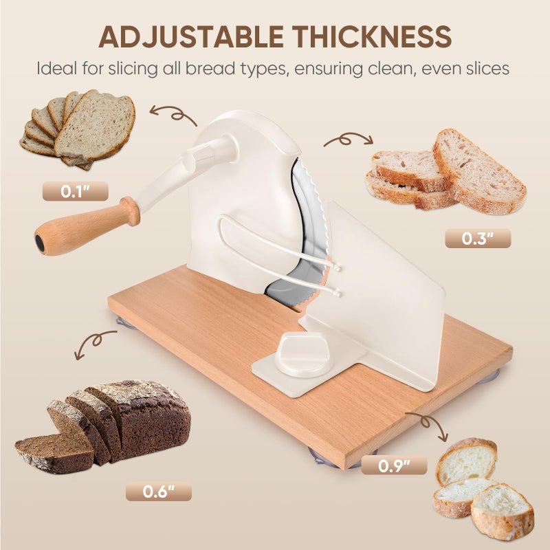 SOWKIPE Manual Bread Slicer with Hand Crank, Classic Home Bread Slicer for Homemade Sourdough, Rotary Slicer with Adjustable Thickness, Premium Stainless Steel & Powerful Suction Cups (White) - Image 2