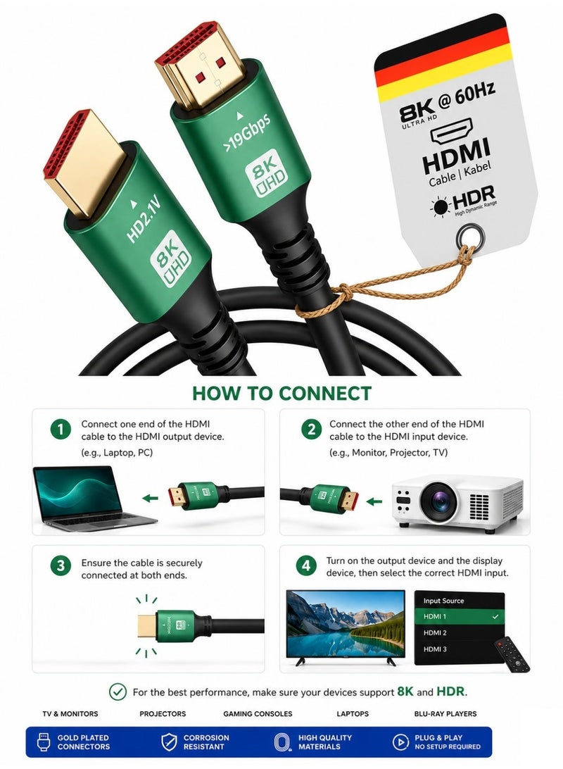 HDMI 8K Cable 5M – Version 2.1 Ultra High Speed 48Gbps Supports 8K@60Hz & 4K@120Hz with Dolby Atmos & eARC Compatible with TVs, Monitors & Gaming Consoles - Image 2
