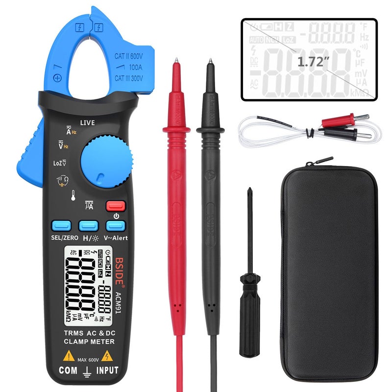 Bside ACM91 1mA Clamp Meter DC/AC Current True RMS Auto-Ranging 6000 Counts Multimeter Live Check V-Alert Temperature Capacitance Frequency Tester with Back Clip - Image 2