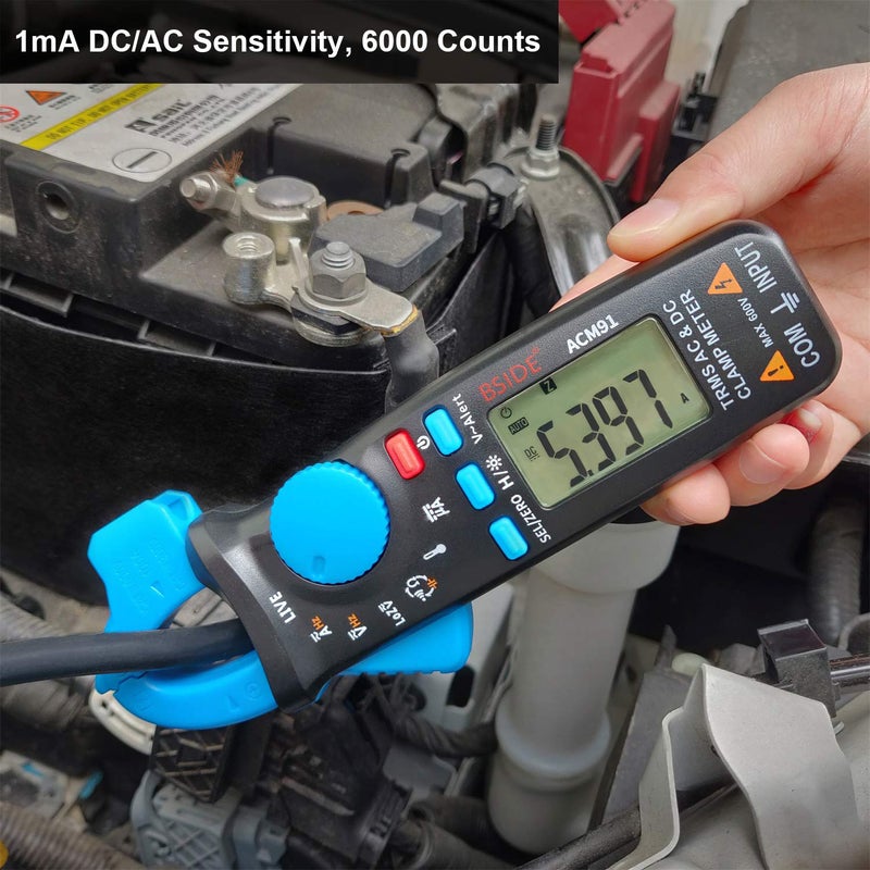 Bside ACM91 1mA Clamp Meter DC/AC Current True RMS Auto-Ranging 6000 Counts Multimeter Live Check V-Alert Temperature Capacitance Frequency Tester with Back Clip - Image 3