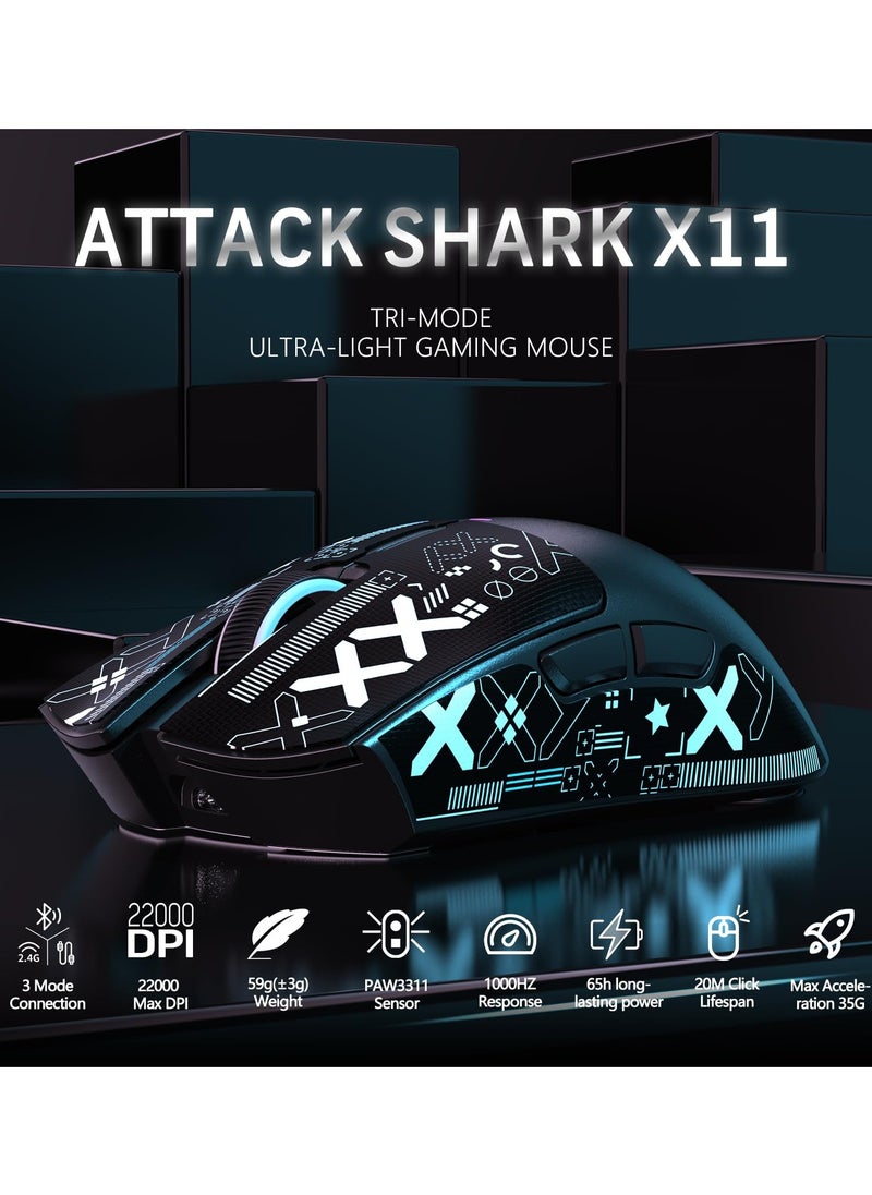 Attack Shark X11 Lightweight Wireless Gaming Mouse with RGB Charging Dock,Tri-Mode-2.4G/USB-C Wired/BT,22K DPI,PAW3311 Optical Sensor,HUYU Switch, 5 programmable Buttons for PC/Mac(Black&Sticker)  - Image 2