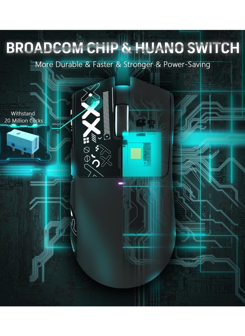 ماوس ألعاب لاسلكي خفيف الوزن X11 مع قاعدة شحن RGB، وضع ثلاثي - 2.4 جيجاهرتز/USB-C سلكي/بلوتوث، 22 ألف نقطة في البوصة، مستشعر بصري PAW3311، مفتاح HUYU، 5 أزرار قابلة للبرمجة لأجهزة الكمبيوتر/ماك (أسود وملصق)