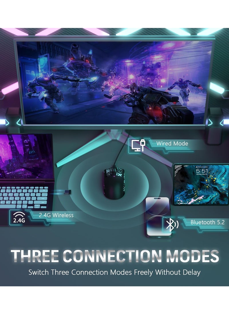 ماوس ألعاب لاسلكي خفيف الوزن X11 مع قاعدة شحن RGB، وضع ثلاثي - 2.4 جيجاهرتز/USB-C سلكي/بلوتوث، 22 ألف نقطة في البوصة، مستشعر بصري PAW3311، مفتاح HUYU، 5 أزرار قابلة للبرمجة لأجهزة الكمبيوتر/ماك (أسود وملصق)