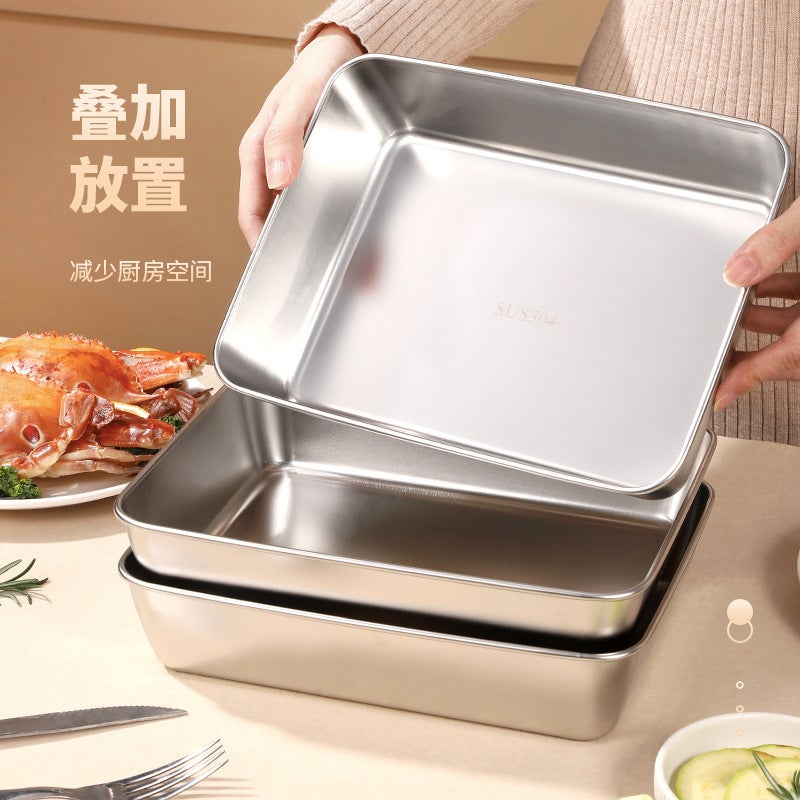 Stainless Steel Square Plate Commercial Household Towel Plate Cooking Plate Refrigerator Crisper Tiktok Same Flavor Box Delivery - Image 3