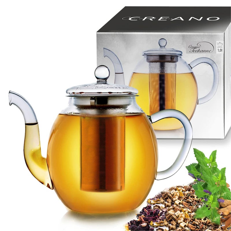 Creano Glass Teapot 1000ml  Stovetop Safe Tea Kettle with Stainless Steel Infuser and Glass Lid  Ideal for Preparing Loose Teas  Drip Free
