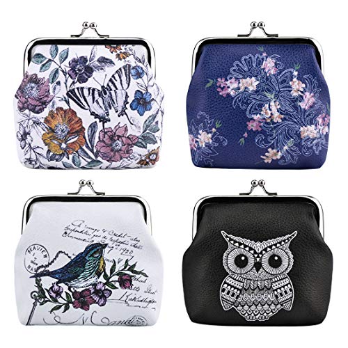 Oyachic 4 Packs Leather Coin Purse,Change Purse for Women,Floral,Owl,Butterfly,Bird Coin Pouch Kiss Lock for Women,Girls - Image 1