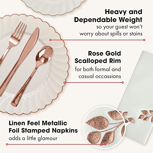 By Madee HEAVYWEIGHT 175 Pc Thanksgiving Plastic Plates and Napkins Sets – Ivory Scalloped Plates with Rose Gold Trim | Fall Disposable Dinnerware Set | Host Beautifully (25 Guests) - Image 5