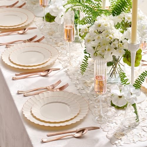 By Madee HEAVYWEIGHT 175 Pc Thanksgiving Plastic Plates and Napkins Sets – Ivory Scalloped Plates with Rose Gold Trim | Fall Disposable Dinnerware Set | Host Beautifully (25 Guests) - Image 4